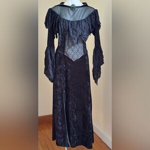 RUBIES Black Velvet Sheer Ruffle Sleeves & Front Gothic Witch Dress Costume Sz L